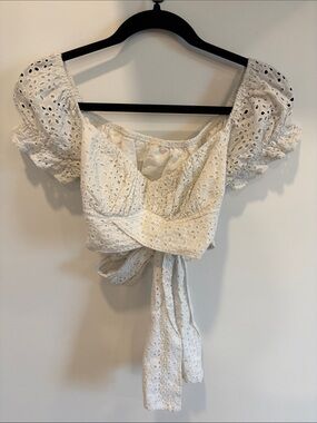 Eyelet Tie-Front Puff Sleeve Crop Top - White